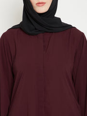 Front Open Maroon Solid Mandarin Collar Abaya Burqa With Black Hijab