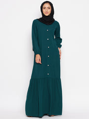 Bottle Green Solid Frill Abaya with Black Georgette Hijab