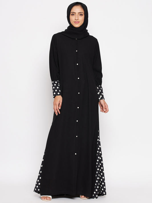Black Front Open with Polka Design Abaya with Black Georgette Hijab