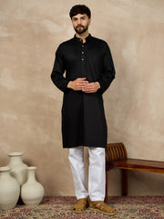 Black Solid Cotton Kurta and White Pajama Set For Men