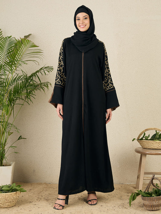 Front Open Black Embroidered Abaya with Black Scarf