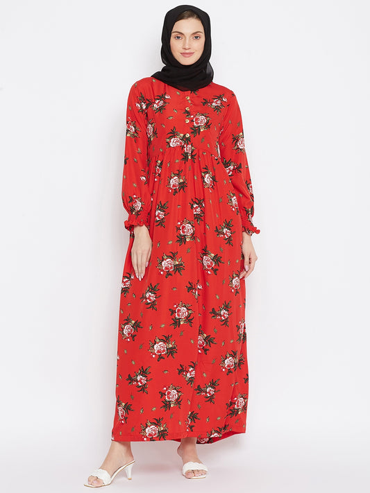 Red Floral Printed Crepe Abaya Dress with Black Georgette Hijab