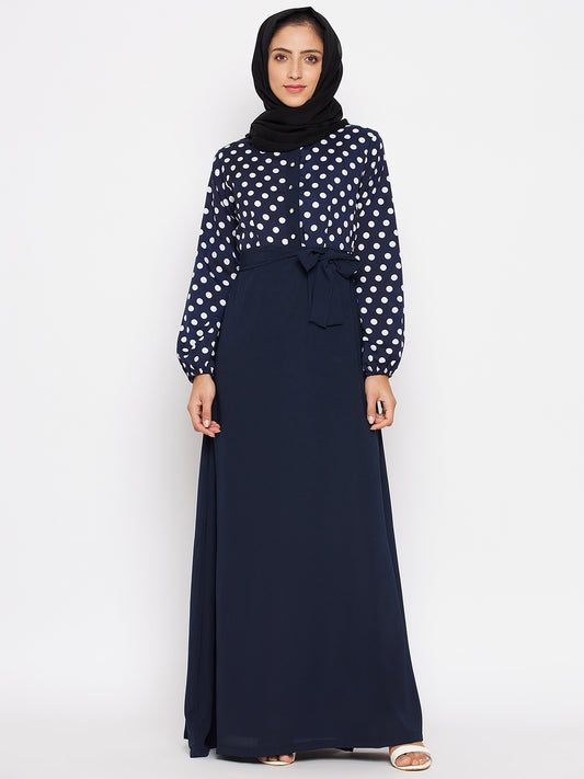 Blue and White Polka Printed Crepe Abaya for Women with Black Georgette Hijab