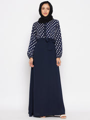 Blue and White Polka Printed Crepe Abaya for Women with Black Georgette Hijab