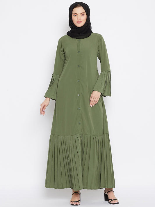 Jade Green Plats Design Front Open Abaya with Black Georgette Hijab