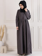 Front Open Grey Solid Kashibo Abaya Burqa With Black Georgette Hijab