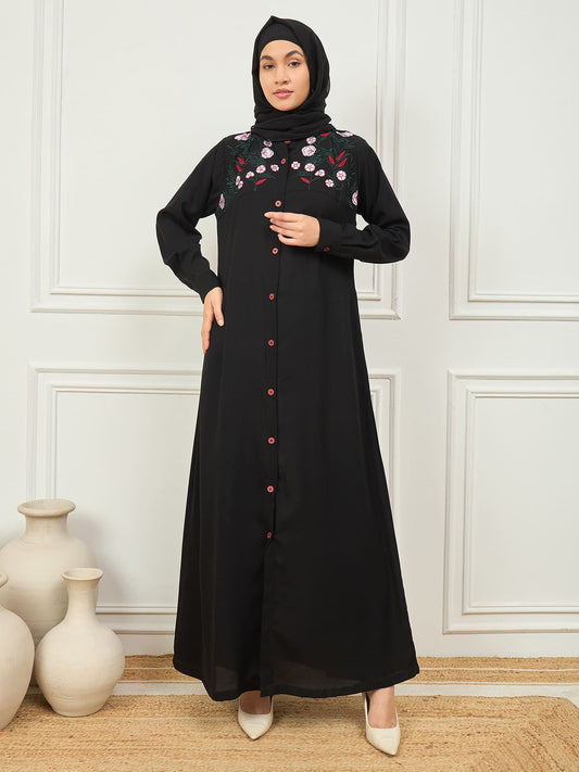 Front Open Embroidery Black Abaya/Burqa with Matching Georgette Hijab