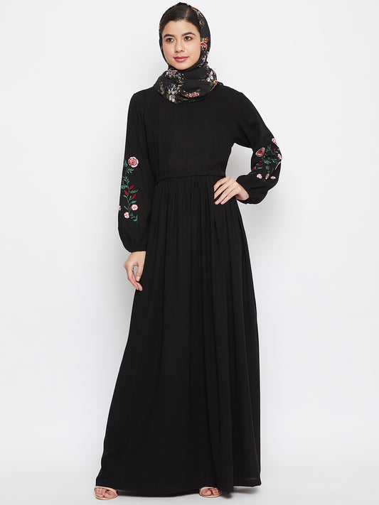 Black Chikan Hand Sleeve Embroidery Work Abaya for Women with Black Georgette Scarf
