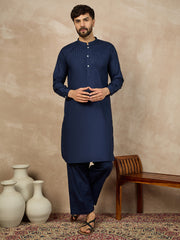 Blue Solid Cotton Pathani Kurta Pajama Set For Men