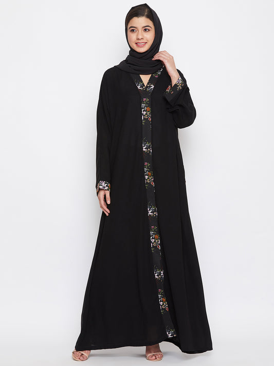 Black Dubai Style Front Open Abaya with Black Georgette Hijab