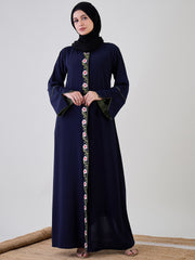 Front Open Embroidery Detailing Blue Abaya Burqa With Black Georgette Hijab