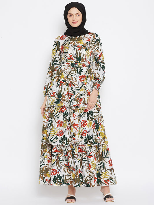 White and Green Floral Printed Crepe 3 Frill Abaya Dress for Women with Black Georgette Hijab