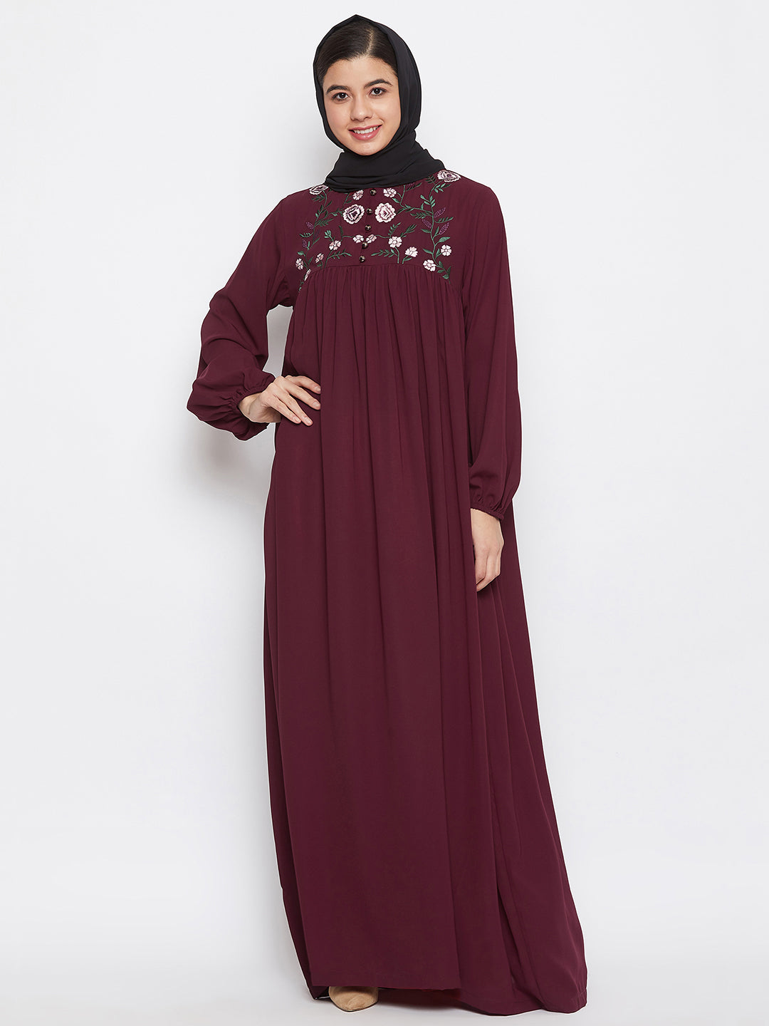 Maroon Chikan Hand Embroidery Work Abaya for Women with Black Georgette Scarf