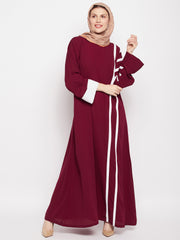 A-Line Piping Design Maroon Abaya for Women with Black Georgette Hijab