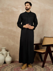 Black Solid Cotton Mandarin Collar Arabic Thobe / Jubba For Men