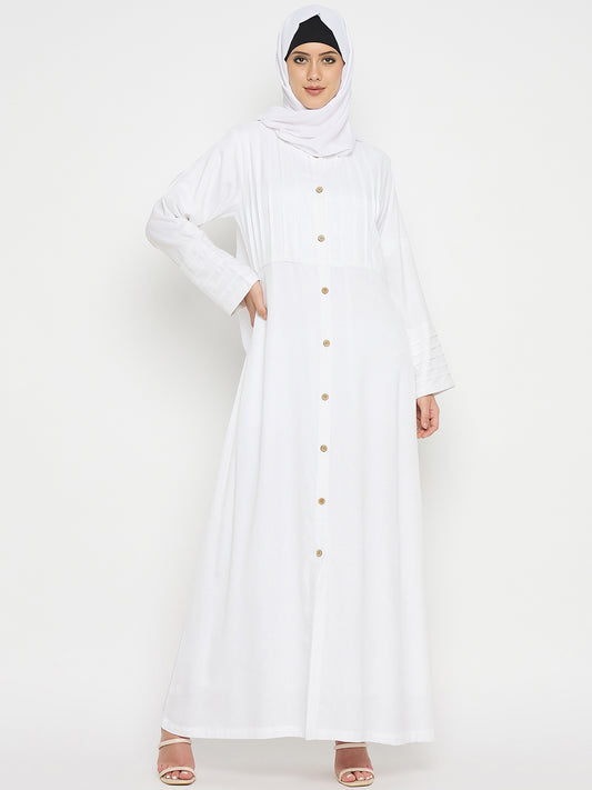 Front Open Rayon Solid White Women Abaya For Umrah / Hajj with Black Hijab