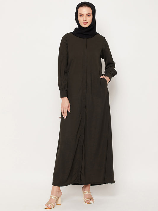 Front Open Olive Green Solid Mandarin Collar Abaya Burqa With Black Hijab