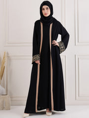 Black Solid Embroidery Detailing Shrug Set with Inner and Matching Black Hijab