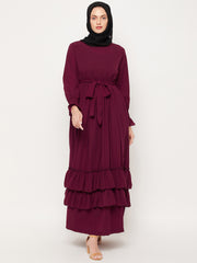 Women Maroon Casual Frilled Abaya Burqa With Belt and Black Hijab