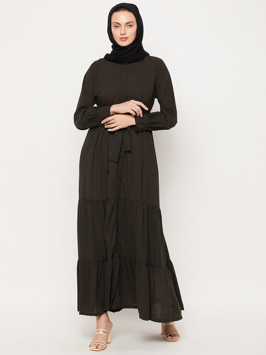 Frilled Olive Green Abaya Burqa For Women With Belt and Black Hijab