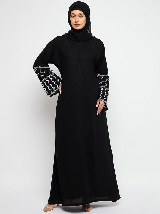 Black Kefiyyeh Embroidery Abaya With Black Hijab