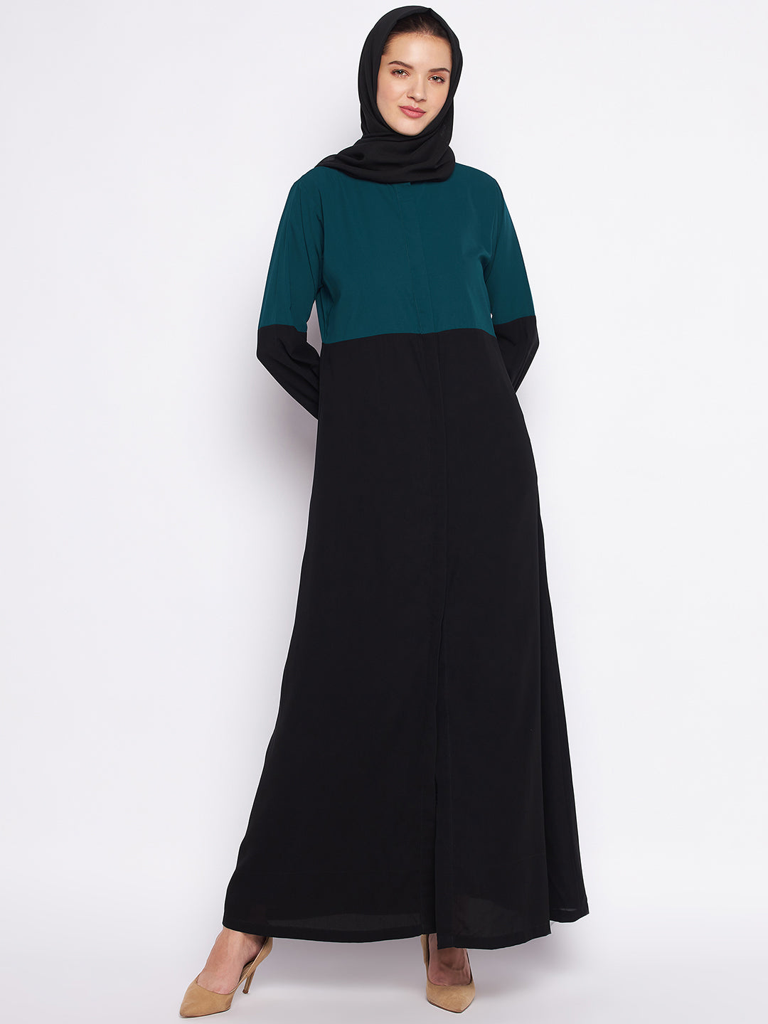 Black and Green Front Open Abaya with Black Georgette Hijab