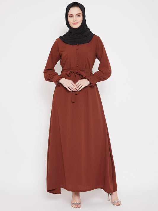 Rust Solid Nida Matte Fabric Abaya Dress For Women With Black Georgette Hijab