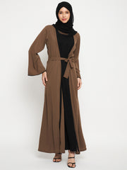 Inner Part Included Oat Solid Front Open Shrug with Black Georgette Hijab