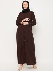 Front Open Brown Solid Mandarin Collar Abaya Burqa With Black Hijab