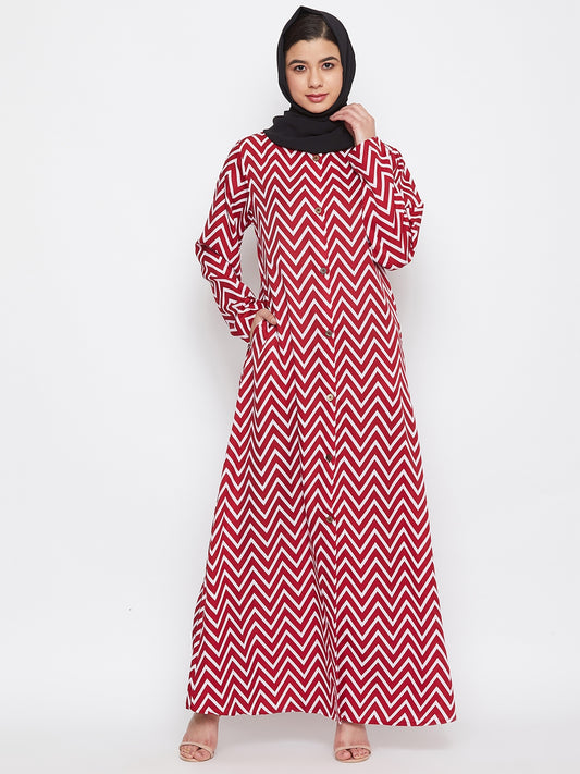 Red & White Front Open Abaya Dress with Black Georgette Hijab