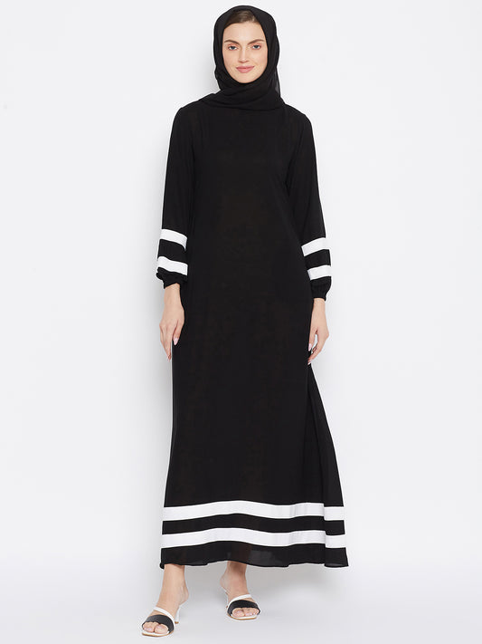 A Line Black & White Solid Abaya for Women with Black Georgette Hijab