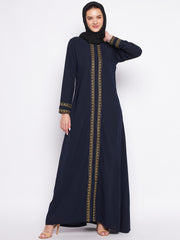 A-Line Blue Embroidery Design Abaya with Black Georgette Hijab