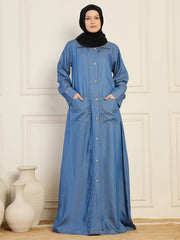 Front Open Denim Blue Solid Abaya With Black Georgette Hijab