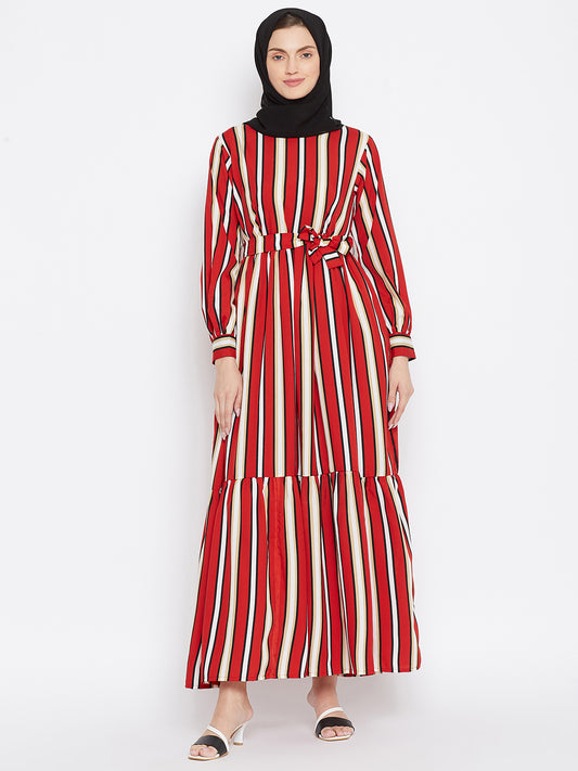 Red Printed Crepe Frill Abaya Dress for Women with Black Georgette Scarf-Front