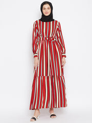 Red Printed Crepe Frill Abaya Dress for Women with Black Georgette Scarf-Front