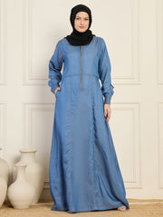 Blue Solid Cuffed Sleeves Denim Abaya Burqa With Black Georgette Hijab