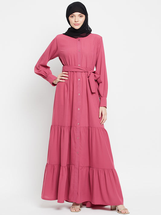 Frilled Pink Abaya Burqa For Women With Belt and Black Hijab