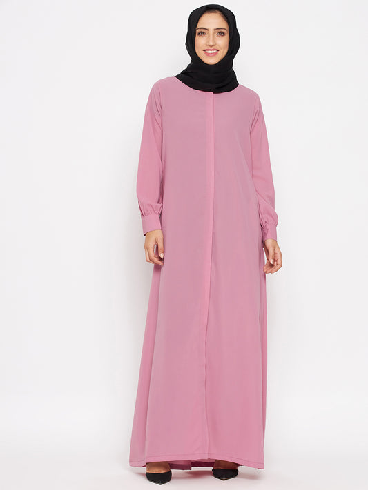 Front Open Puce Pink Solid Mandarin Collar Abaya Burqa With Black Hijab