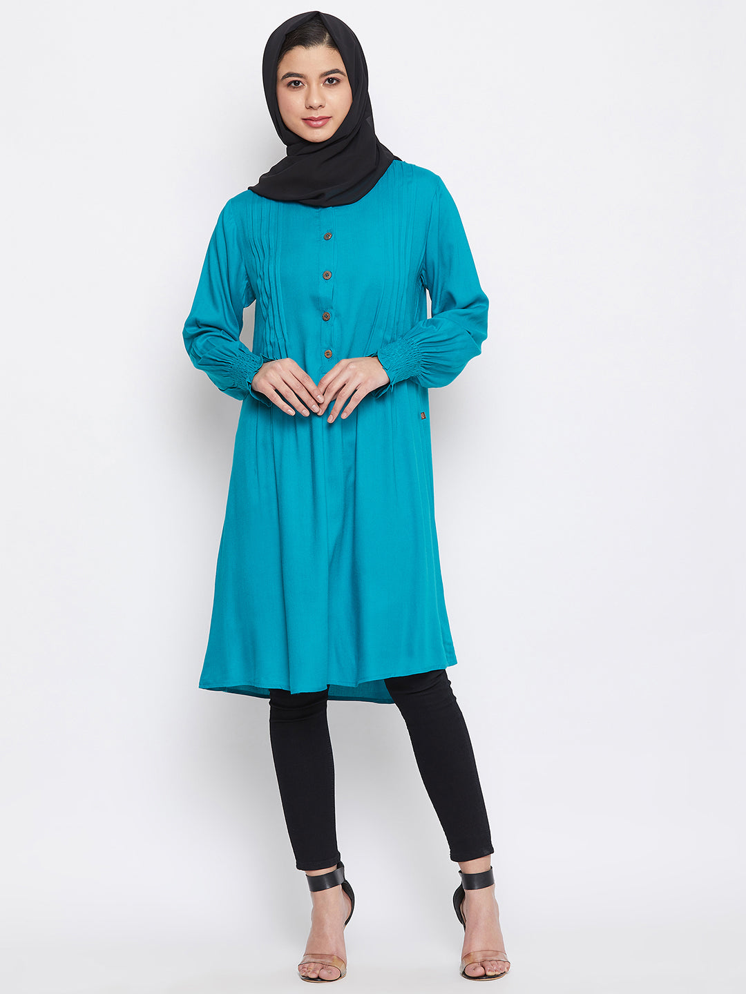 Sky Blue Rayon Tunic for Women with Black Georgette Stole