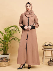 Front Open Modest Beige Coat-Style Abaya with Matching Hijab