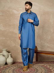 Blue Solid Denim Pathani Kurta Pajama Set For Men