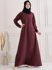 Front Open Maroon Solid Kashibo Abaya Burqa With Black Georgette Hijab