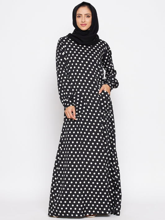 Black Polka Design Abaya for Women with Black Georgette Hijab