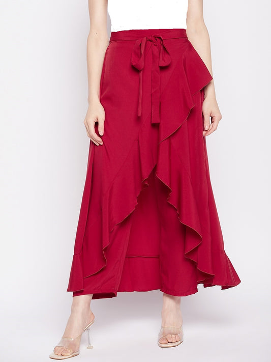 Red Solid Maxi Skirt With Attached Trouser