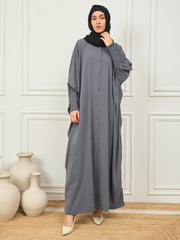 Front Open Grey Solid Loose Fit Kaftan Abaya With Black Georgette Hijab