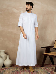 White Solid Half Sleeve Cotton Arabic Thobe/Jubba For Men