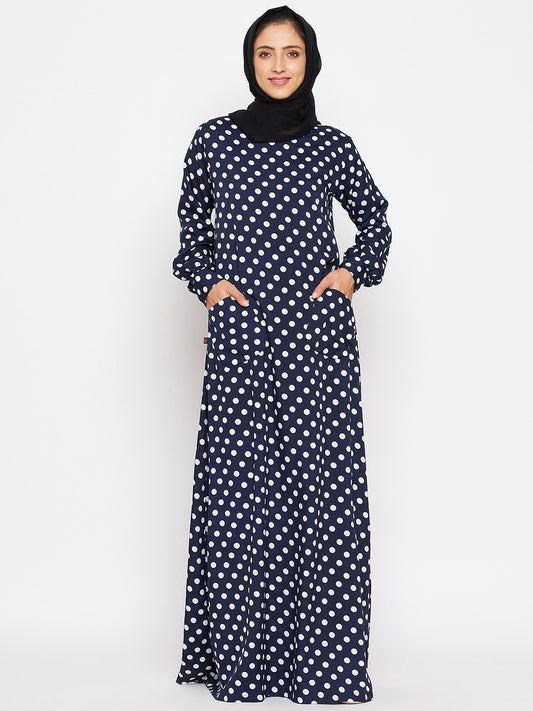 Blue Polka Design Abaya for Women with Black Georgette Hijab