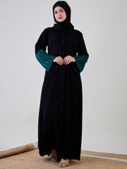 Front Open Kefiyyeh Embroidered Black Abaya Burqa With Black Georgette Hijab