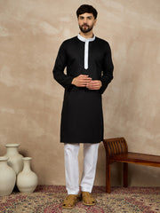 Black Solid Mandarin Collar Cotton Kurta For Men With Piping Detailing