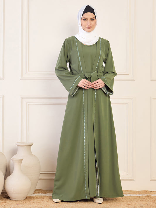 Jade Green Embroidered Solid Abaya Burqa With White Georgette Hijab